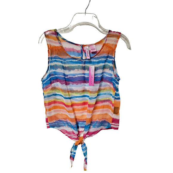 Y2k Rainbow Sheer Rainbow Striped Blouse Sz L Cropped Tie Front Festival NWT - Picture 1 of 4